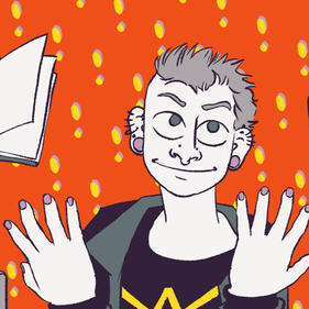 A portrait of the site owner. He looks smug, but is mid-excited gesture. The background is bright, with tiled exclamation points